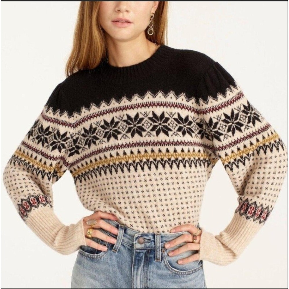 J.Crew Fair Isle Merino Alpaca Blend Puff Shoulder Sweater Black Beige Medium